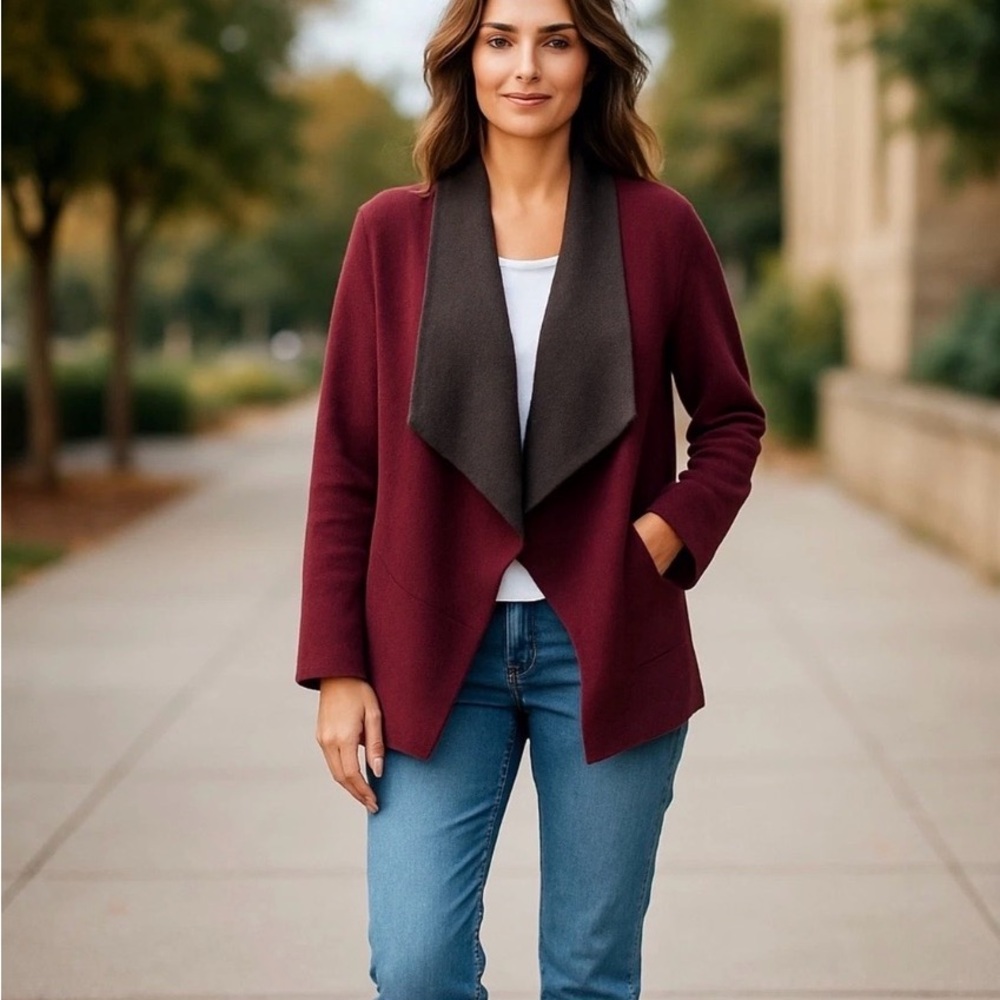 Eileen Fisher Burgundy Jacket with Dark Brown Collar